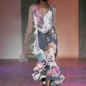 👑 We Are Kindred-Paloma-Garden Floral - Ruffle - Grey Maxi Slip - Size 4 -NWOT